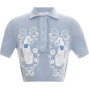 Vivetta Blue Cotton Knit Cropped Polo with Poodles